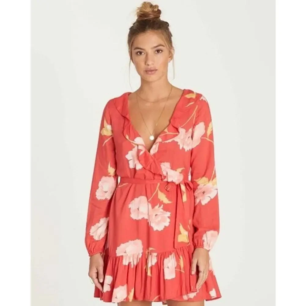 BILLABONG Ruffle Mini Floral Wrap Ruffle Dress Women Size Small - Picture 2 of 11